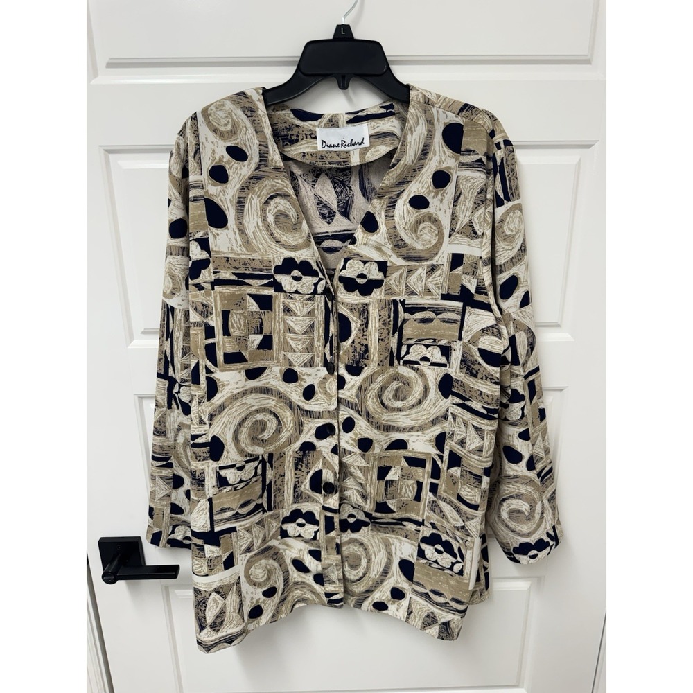 Diane Richard Women Plus XL 1X 2X Blouse V-Neck Button Front Abstract Print Top